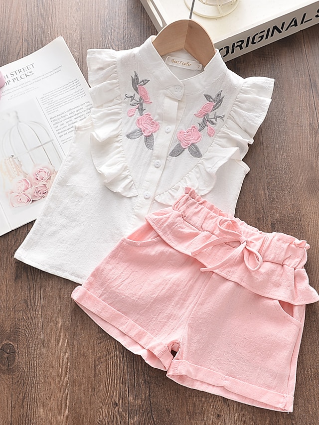 Baby & Kids Girls Clothing | Kids Girls T-shirt & Shorts Clothing Set 2 Pieces Sleeveless White Floral Solid Color Embroidered L