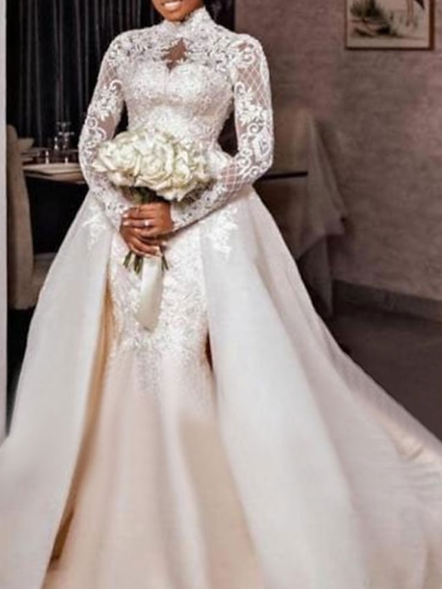  Formal Wedding Dresses Mermaid / Trumpet High Neck Long Sleeve Court Train Satin Bridal Gowns With Appliques 2024