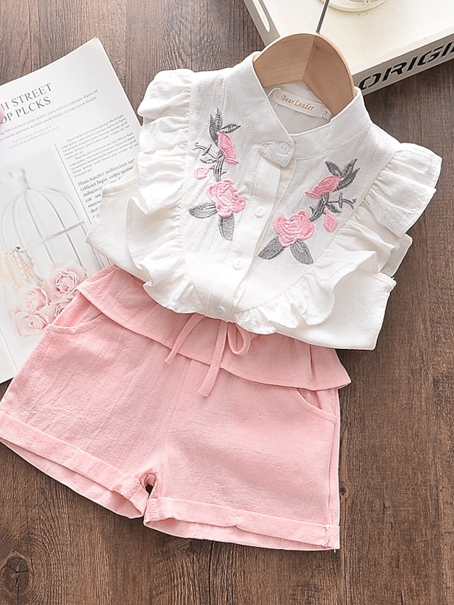 Baby & Kids Girls Clothing | Kids Girls T-shirt & Shorts Clothing Set 2 Pieces Sleeveless White Floral Solid Color Embroidered L