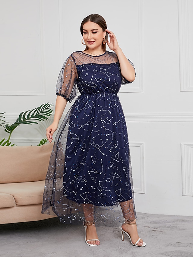 Womens Clothing Plus Size Collection | Womens Plus Size Party Dress Stars Round Neck Sequins Lantern Sleeve Short Sleeve Summer 