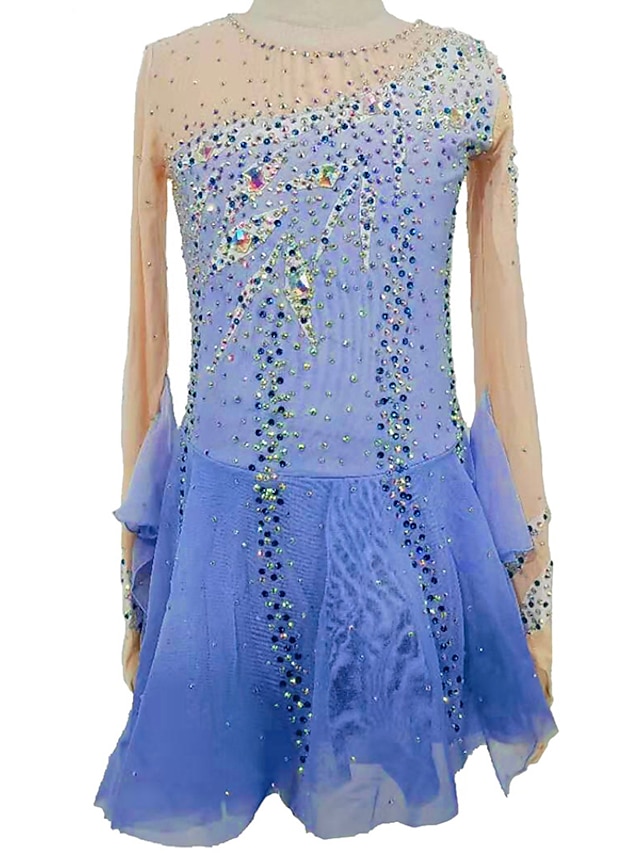 Sports & Outdoors Ice Skating | Figure Skating Dress Womens Girls Ice Skating Dress Outfits Blue Patchwork Mesh Spandex High Ela