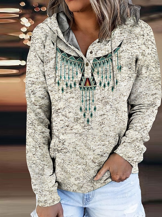 Damen Kapuzenshirt Pullover Geometrisch Stammes Vordertasche Bedruckt Täglich Sport 3D-Druck Ethnisch Strassenmode Kapuzenpullover Sweatshirts Grün Rote Weiß