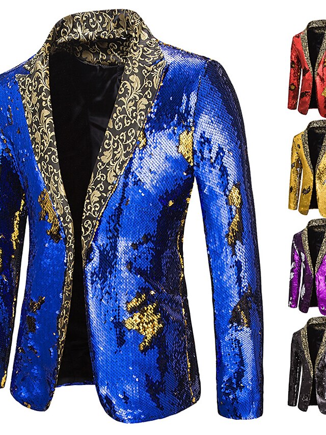 Mens Clothing Mens Outerwear | Mens Blazer Regular Sequins Pocket Coat Black Blue Purple Gold Red Casual Party Fall Single Breas