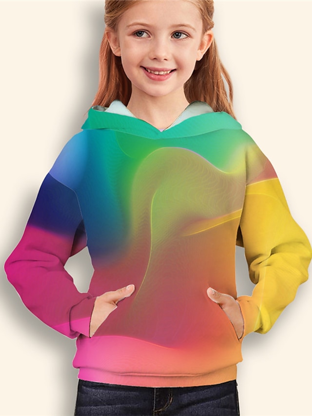 Baby & Kids Girls Clothing | Kids Girls Hoodie Long Sleeve Rainbow 3D Print Optical Illusion Pocket Daily Indoor Outdoor Active 