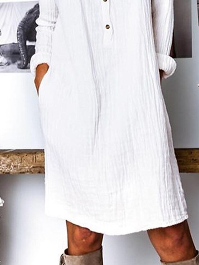 Women‘s Casual Dress Shirt Dress Shift Dress Midi Dress Yellow Navy Blue White Long Sleeve Pure