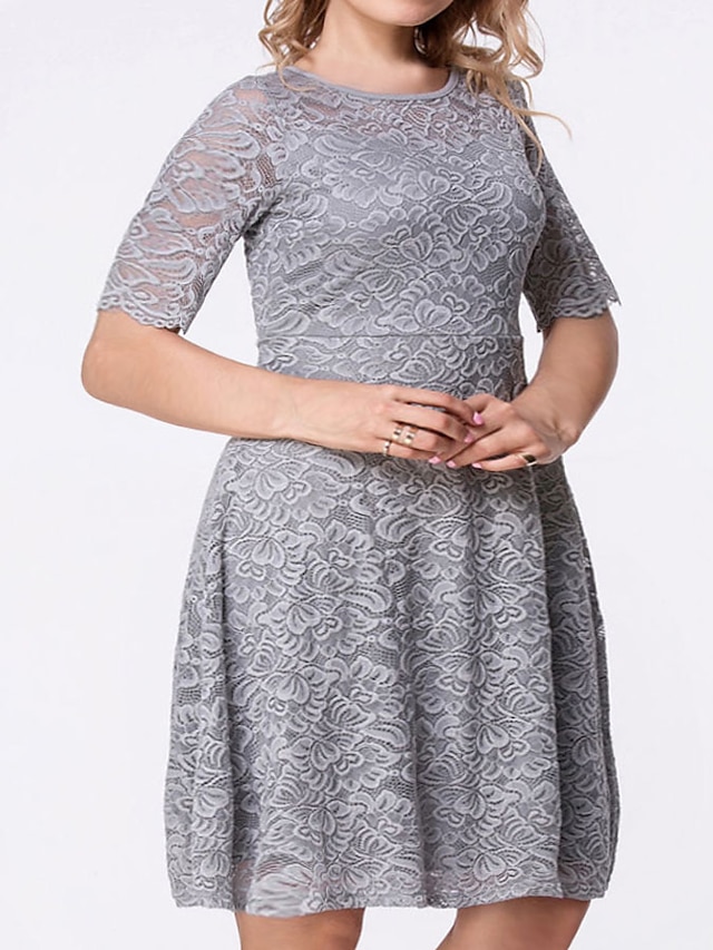 Womens Clothing Plus Size Collection | Womens Plus Size A Line Dress Solid Color Round Neck Lace Short Sleeve Fall Summer Casual