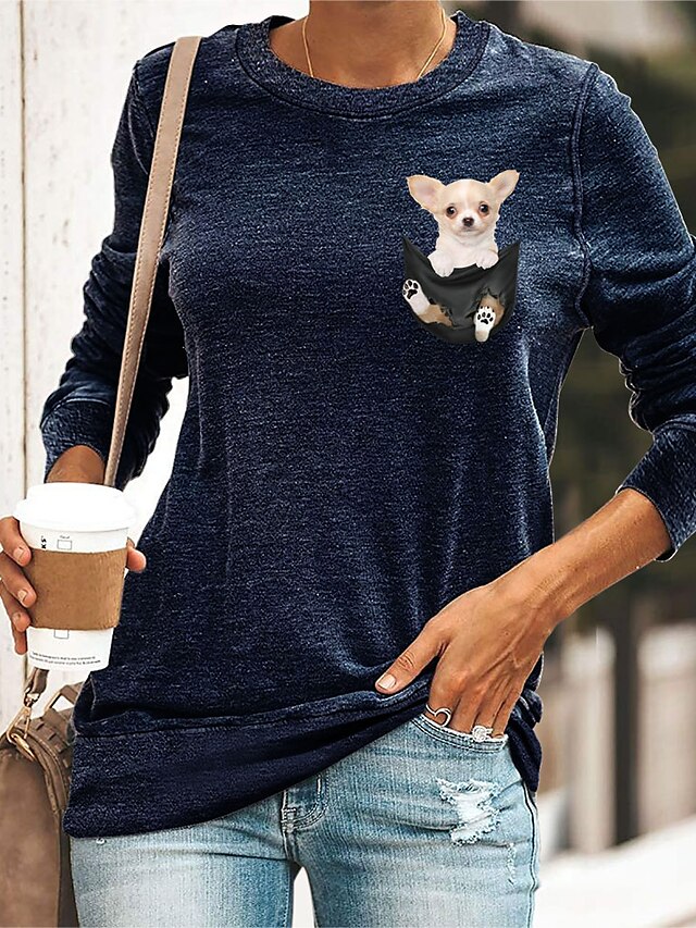 Womens Clothing Womens Tops | Womens Daily Weekend 3D Printed Painting T shirt Tee Dog 3D Animal Long Sleeve Print Round Neck Ba