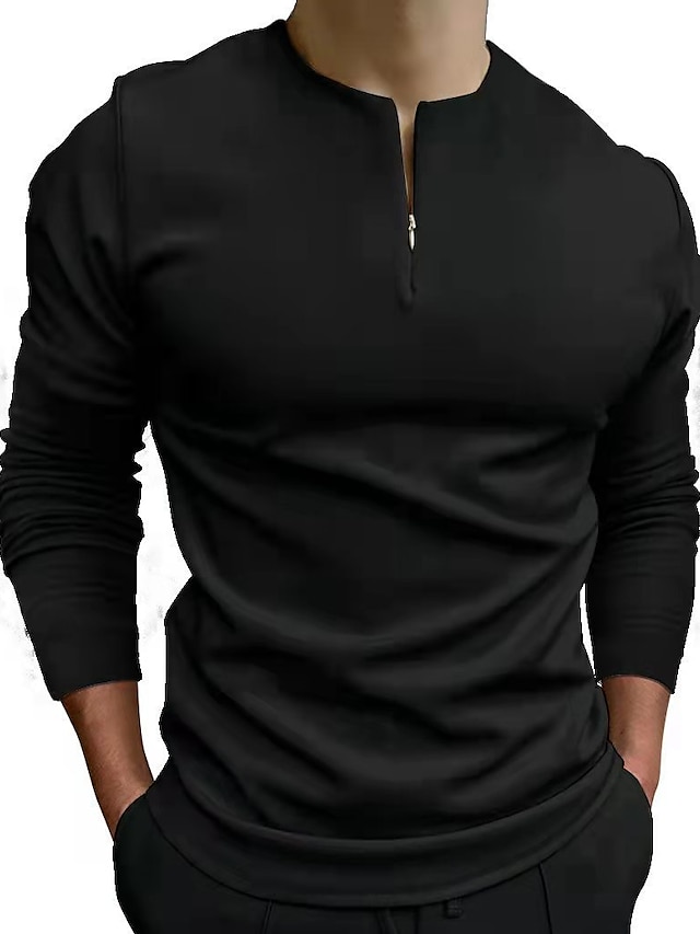 Men's T shirt Tee Zip Half Shirt Long Sleeve Shirt Plain Henley Casual ...