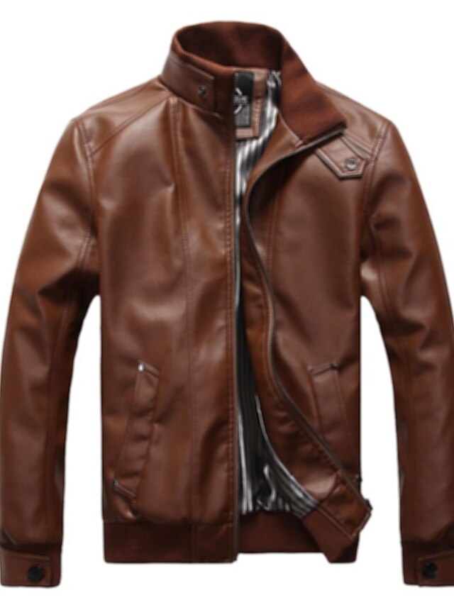  Men's Faux Leather Jacket Daily Spring Regular Coat Stand Collar Basic Jacket Long Sleeve Solid Colored Black Brown
