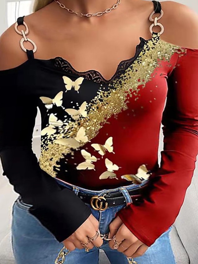 Womens Clothing Plus Size Collection | Womens Plus Size Tops T shirt Butterfly Color Block Sequins Print Long Sleeve V Neck Basi