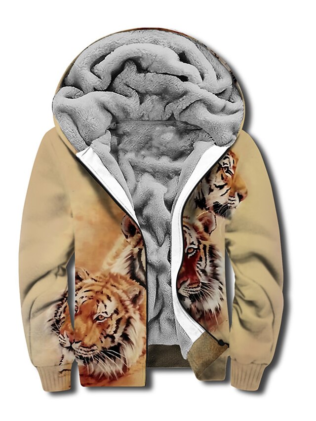  Men's Full Zip Hoodie Jacket Zipper Print Designer Casual Thin fleece Tiger Graphic Prints Khaki Gray 3D Print Hooded Daily Sports Long Sleeve Clothing Clothes Regular Fit Fleece