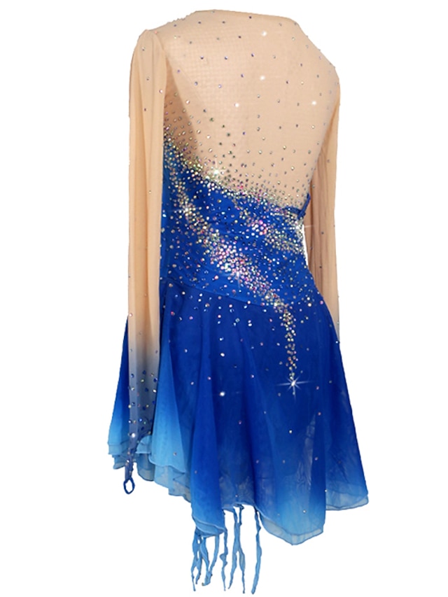Figure Skating Dress Women's Girls' Dancewear Asymmetric Hem Rhinestone Mesh Spandex Long Sleeve Ice Skating Dress