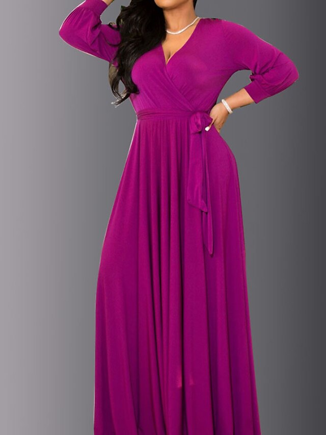 Women‘s Plus Size Curve Party Dress Solid Color V Neck Ruched Long