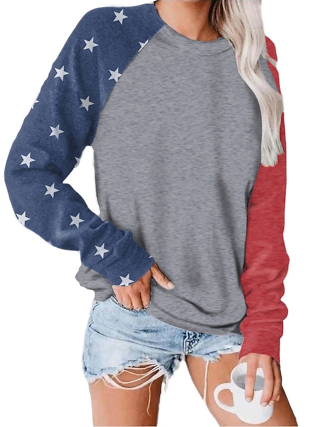 Womens Clothing Womens Tops | Womens Casual Daily Tunic T shirt Tee American US Flag Stars American Flag Long Sleeve Print Crew 