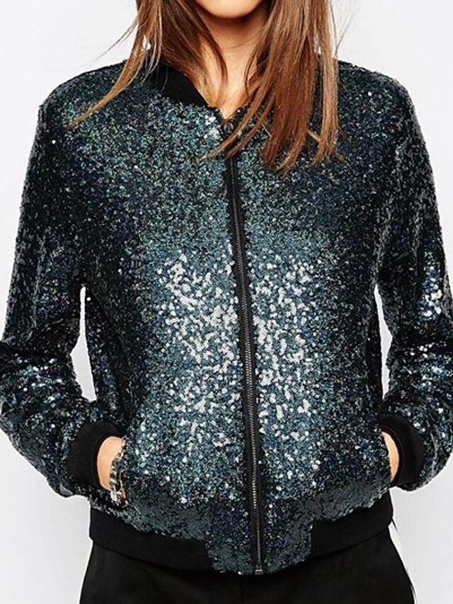 Womens Clothing Womens Outerwear | Womens Jacket Bomber Jacket Varsity Jacket Regular Sequins Full Zip Pocket Coat Black Blue Wi