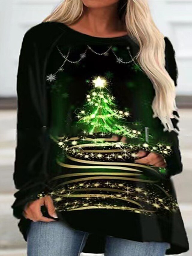 Womens Clothing Plus Size Collection | Womens Plus Size Tops T shirt Graphic Print Long Sleeve Crewneck Streetwear Christmas Chr