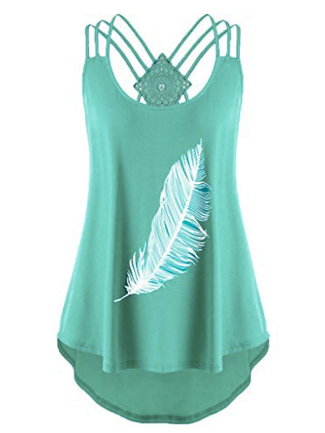  women feather print tank tops sleeveless bandages strappy side shirring shrit blouse green