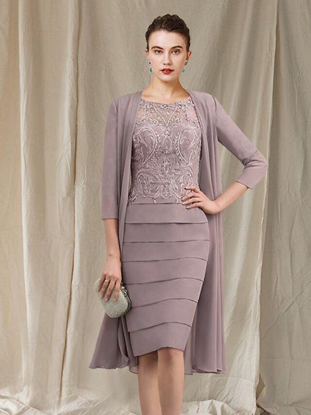 Spezzato A tubino Abito da cerimonia per signora Elegante Stola inclusa Con  decorazione gioiello Al ginocchio Chiffon Di pizzo Mezza manica con Con  applique 2022 del 8921152 2022 a $205.99