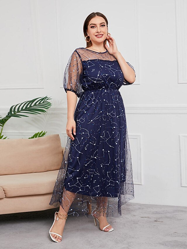 Womens Clothing Plus Size Collection | Womens Plus Size Party Dress Stars Round Neck Sequins Lantern Sleeve Short Sleeve Summer 