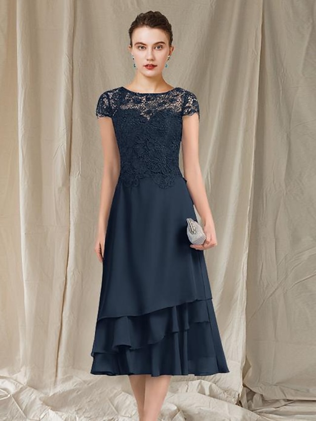 A-Line Mother of the Bride Dress Elegant Jewel Neck Tea Length Chiffon ...