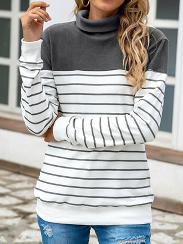 Womens Clothing Sweaters & Cardigans | Womens Pullover Sweater Jumper Knit Knitted Striped Turtleneck Stylish Casual Home Daily 