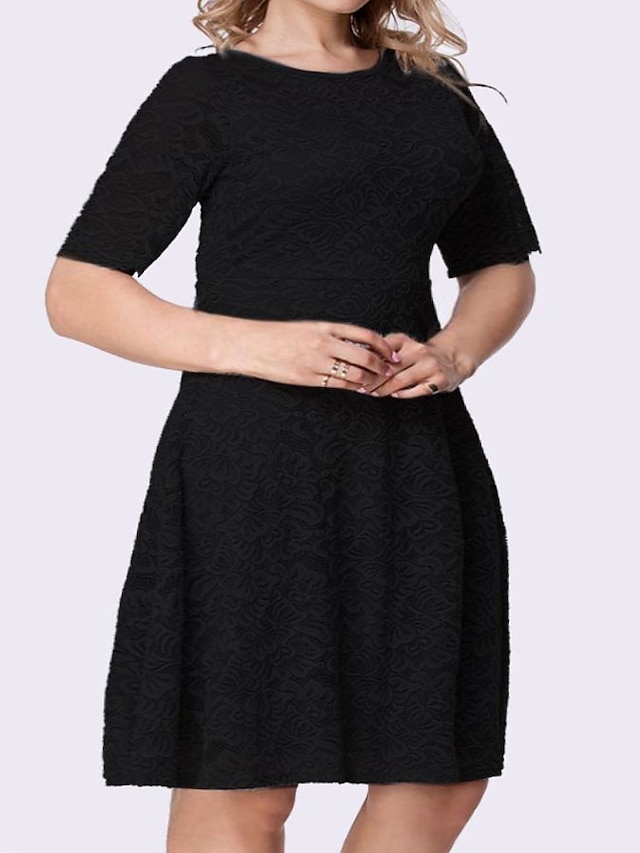 Womens Clothing Plus Size Collection | Womens Plus Size A Line Dress Solid Color Round Neck Lace Short Sleeve Fall Summer Casual