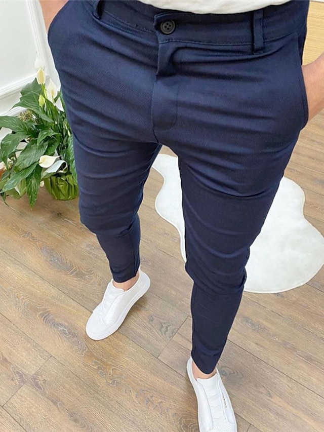 Mens Clothing Mens Bottoms | Mens Casual Trousers Chinos Pocket Full Length Pants Casual Daily Micro-elastic Solid Color Cotton 