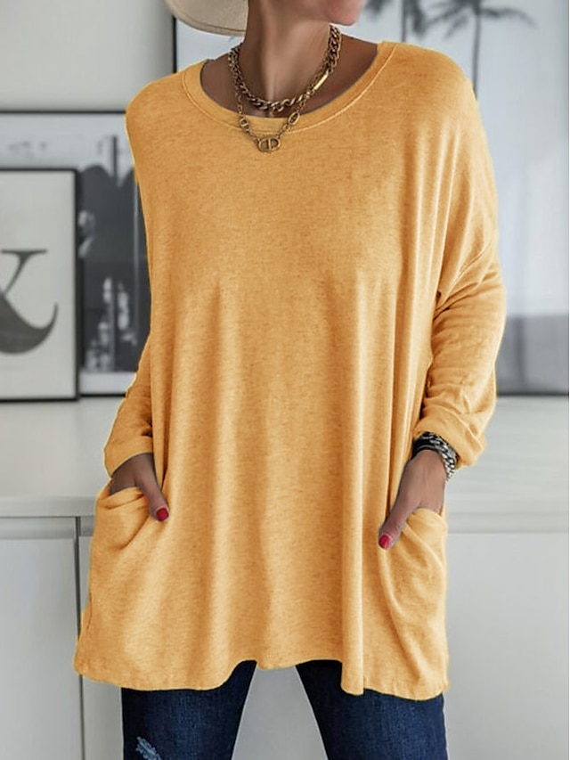 Womens Clothing Womens Tops | Womens Daily Weekend T shirt Tee Plain Long Sleeve Pocket Round Neck Basic Tops Blue Yellow Army G