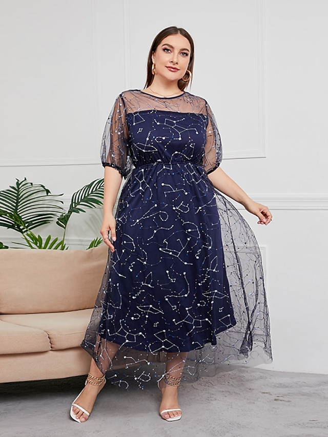 Womens Clothing Plus Size Collection | Womens Plus Size Party Dress Stars Round Neck Sequins Lantern Sleeve Short Sleeve Summer 