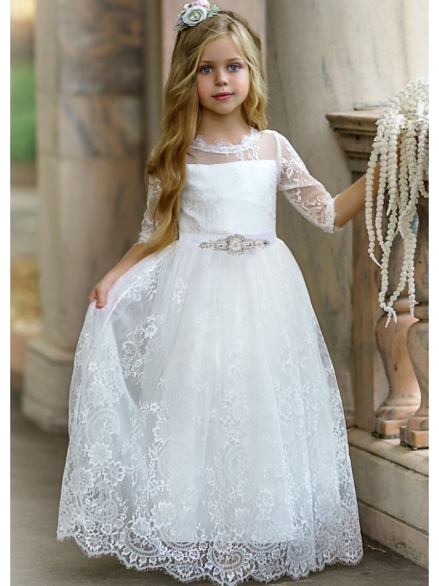  Wedding Party Princess Flower Girl Dresses Jewel Neck Floor Length Lace Tulle Winter Fall with Tier Flower Cute Girls' Party Dress Fit 3-16 Years