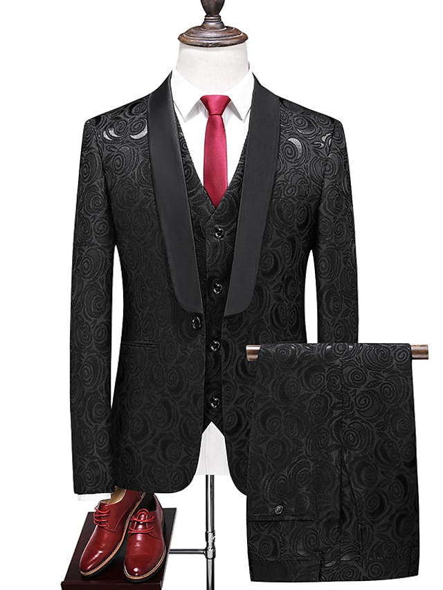  Black White Men's Party Tuxedos Jacquard Evening Ceremony Homecoming Tuxedos Suits Plus Size 3 Piece Shawl Collar Tailored Fit Single Breasted One-button 2024