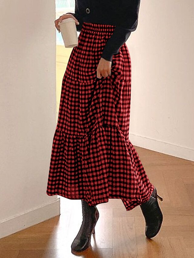 Womens Clothing Womens Bottoms | Womens Basic Swing Long Skirts Date Weekend Plaid Checkered Tartan Ruffle Black Red S M L / Max