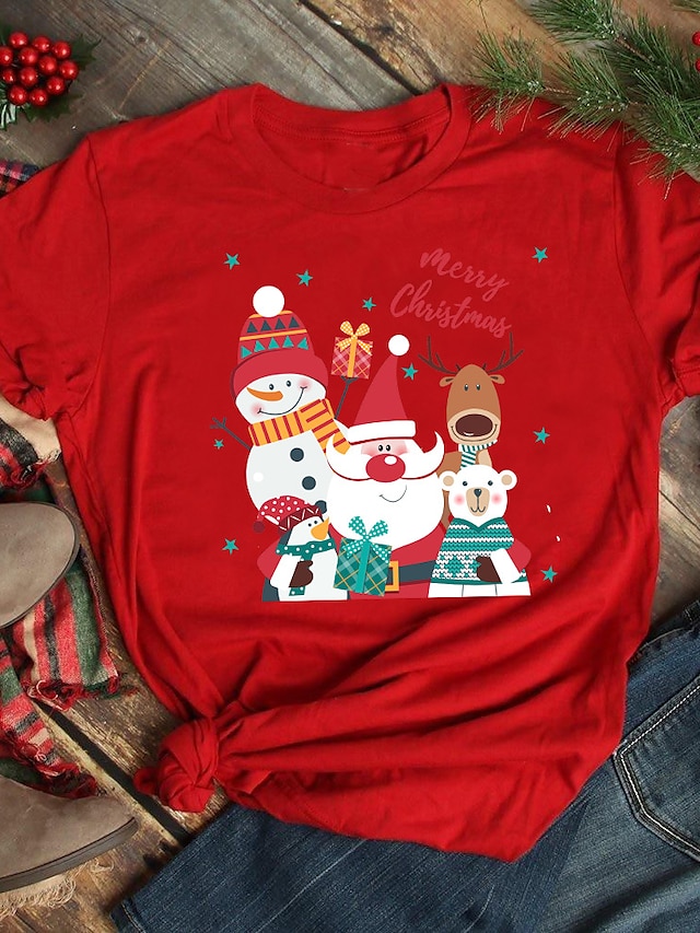 Womens Clothing Womens Tops | Womens Gift Casual Weekend Painting T shirt Tee Reindeer Santa Claus Snowman Short Sleeve Print Ro