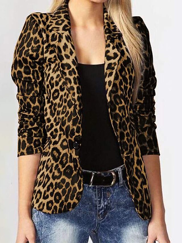  Women's Blazer Leopard Print Basic Modern Cheetah Print Shirt Collar Spring &  Fall Standard Light Coffee Grey Dark Coffee
