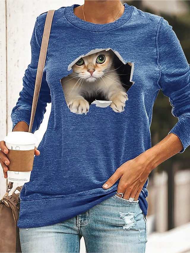  Women's 3D Cat T shirt Cat Graphic 3D Long Sleeve Print Round Neck Basic Tops Black Blue Yellow