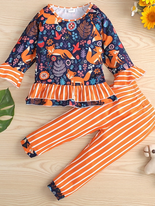 Baby & Kids Girls Clothing | Kids Girls Clothing Set 2 Pieces Long Sleeve Orange Stripe Fox Animal Ruffle Print Cotton Indoor Ou