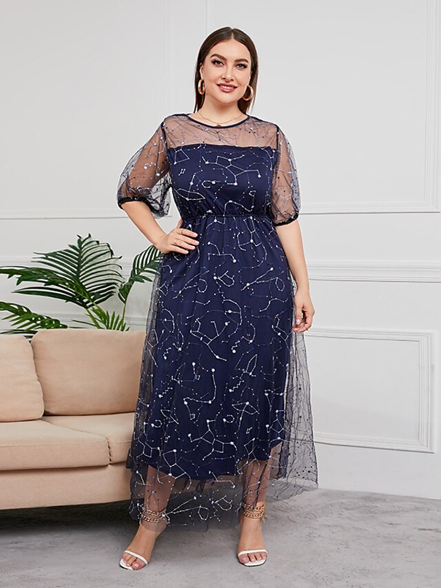 Womens Clothing Plus Size Collection | Womens Plus Size Party Dress Stars Round Neck Sequins Lantern Sleeve Short Sleeve Summer 