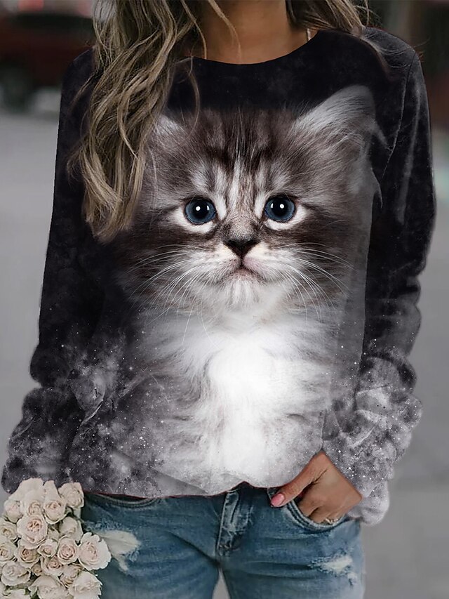  Women's Sweatshirt Pullover Print Active Streetwear Gray Cat 3D Casual Long Sleeve Round Neck