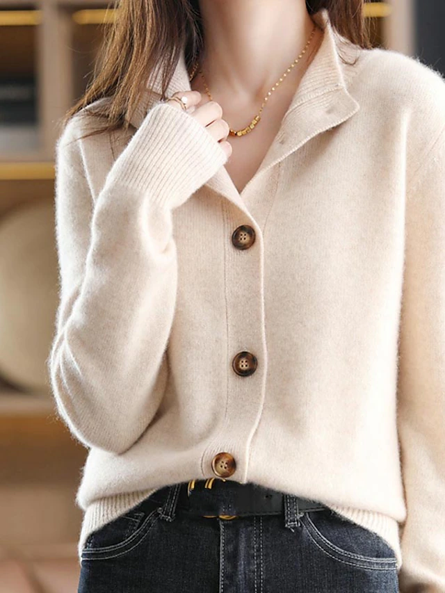 Women's Cardigan Sweater Stand Collar Knit Acrylic Button Knitted Fall ...