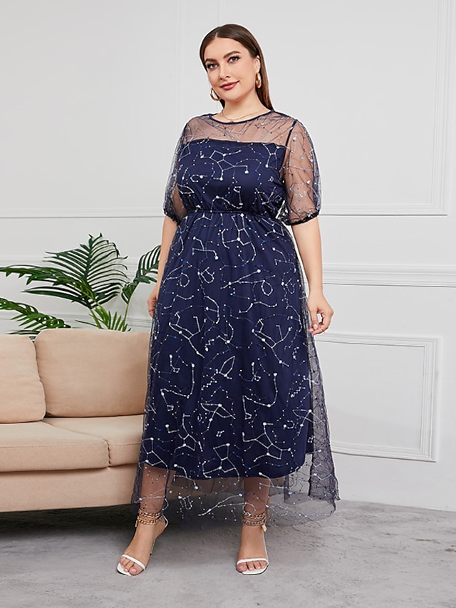 Womens Clothing Plus Size Collection | Womens Plus Size Party Dress Stars Round Neck Sequins Lantern Sleeve Short Sleeve Summer 