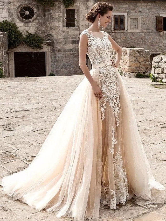  Engagement Formal Wedding Dresses Mermaid / Trumpet Illusion Neck Cap Sleeve Court Train Lace Bridal Gowns With Appliques 2023