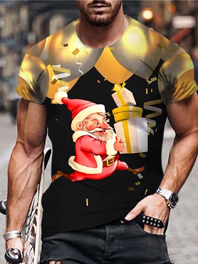  Men's Unisex  T shirt 3D Print Graphic Prints Santa Claus Print Short Sleeve Tops Casual Designer Big and Tall Gold / Summer