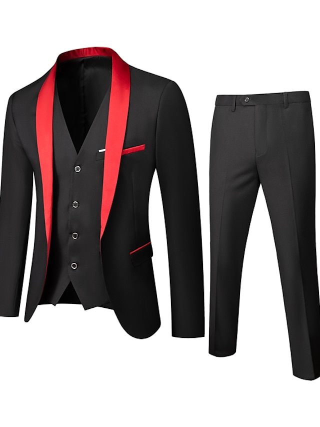  Black Red Burgundy Men's Wedding Party Evening Tuxedos Solid Colored 3 Piece Standard Fit Single Breasted One-button 2023