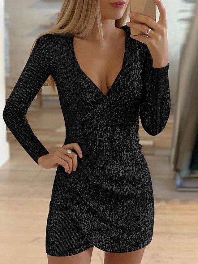 Womens Clothing Womens Dresses | Womens Sheath Dress Short Mini Dress Black Gray Silver Gold Long Sleeve Solid Color Sequins Ruc