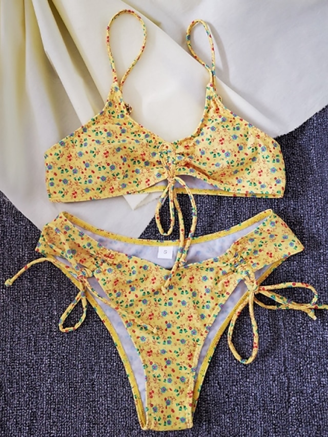 Womens Clothing Womens Swimwear | Womens Swimwear Bikini 2 Piece Normal Swimsuit Slim Basic Print Leopard Yellow Camisole Strap 