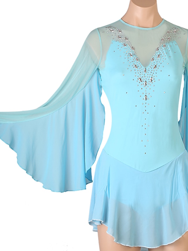 Sports & Outdoors Ice Skating | Figure Skating Dress Womens Girls Ice Skating Dress Outfits Sky Blue Patchwork Mesh Spandex High