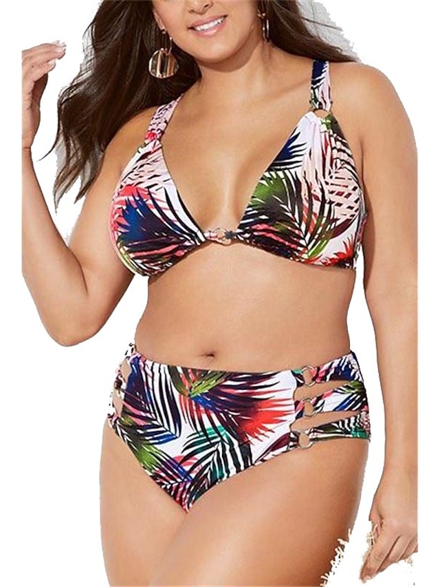 Womens Clothing Womens Swimwear | Womens Swimwear Bikini 2 Piece Plus Size Swimsuit Open Back for Big Busts Print Leaf Rainbow S