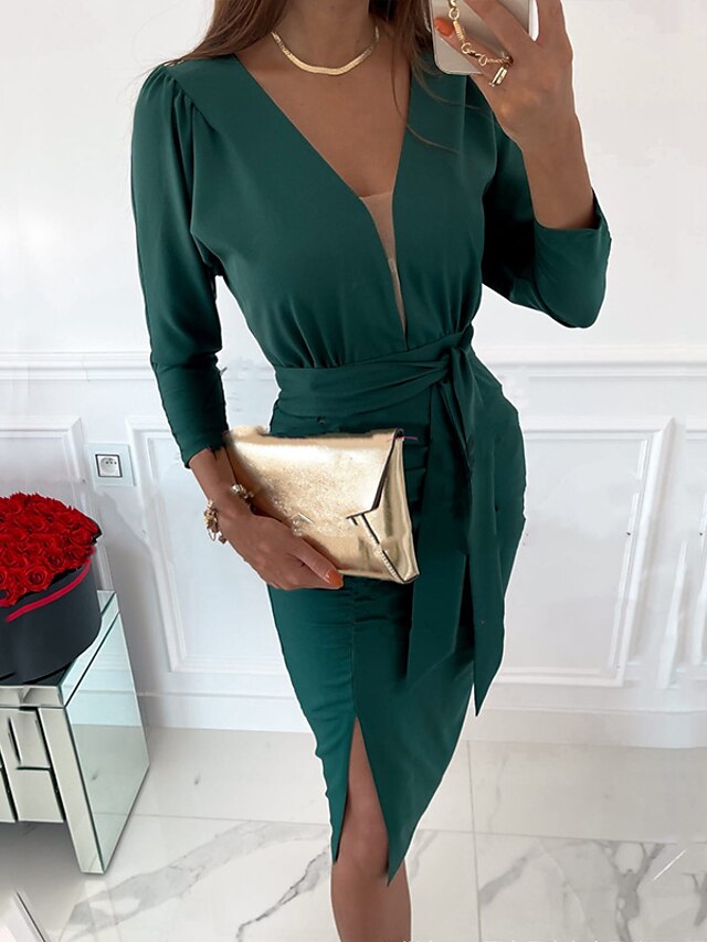 Womens Clothing Womens Dresses | Womens Bodycon Knee Length Dress Green Black Red Beige Long Sleeve Solid Color Split Ruched Lac