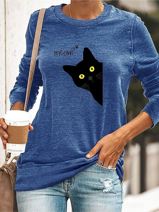 Womens Clothing Womens Tops | Womens Daily Weekend Cat Painting T shirt Tee Cat Text Animal Long Sleeve Print Round Neck Basic T