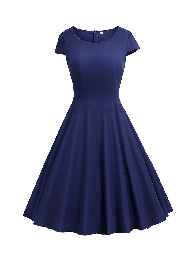 Womens Clothing Womens Dresses | Womens A Line Dress Knee Length Dress Navy Blue Short Sleeve Solid Color Zipper Spring Summer R